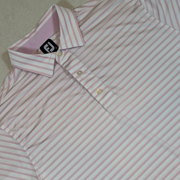 FootJoy Mens Golf Polo Shirt Pink White Striped Short Sleeve Size L Performance - Picture 1 of 6